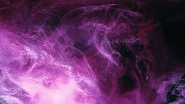 Color mist. Glitter smoke. Paint water splash. Magic potion. Purple pink glowing sparkling particles fog floating on dark black abstract art background with free space. - Zdjęcie, obraz