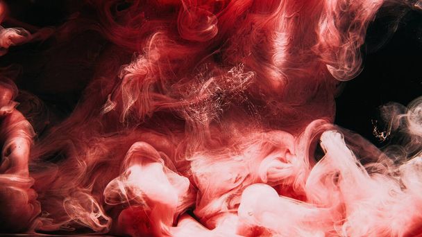 Ink water. Color fume. Acrylic paint drop. Pink glowing fog cloud floating on black creative abstract art background with free space. - 写真・画像