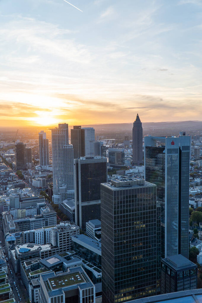Aerial view of the Frankfurt skyline during sunset. Modern building reflecting the last sunligh of the day. - 写真・画像