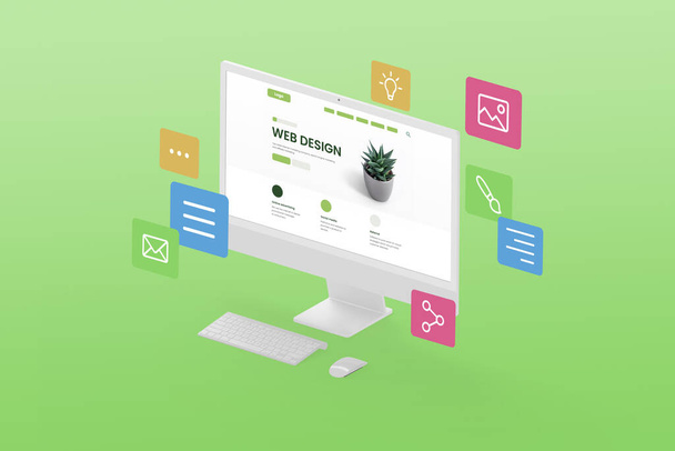 Designing a creative website concept. Display in isometric position with web page modules flying around the display on a green background - Photo, Image