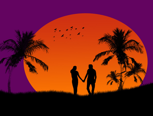 Couple at tropical sunset - Vector, Image