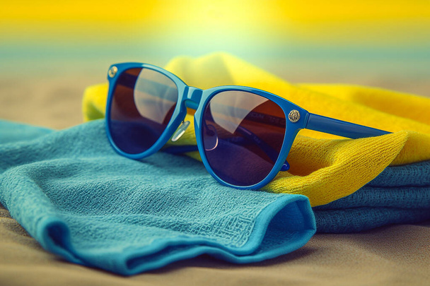 Сині сонцезахисні окуляри на синьо-жовтому пляжному рушнику
 - Фото, зображення