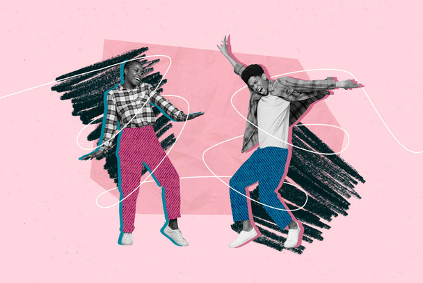 Composite collage portrait of two positive black white gamma people enjoy dancing isolated on drawing pink background. - Fotoğraf, Görsel