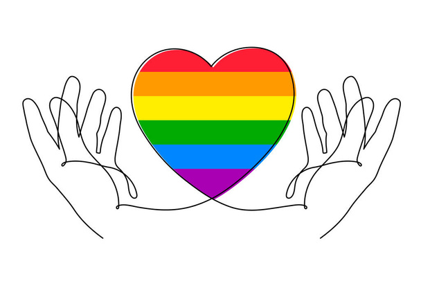 Hands with LGBT heart flag rainbow one line art,hand drawn pride month decoration continuous contour.People's rights movement,diversity time outline design.Editable stroke.Isolated. Vector - Vector, imagen