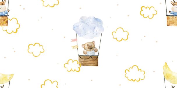patrón sin costura infantil lindo con animales en globo de aire caliente, fondo de transporte, nyrsery - Foto, Imagen