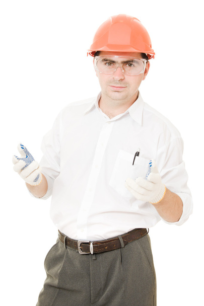 Businessman in a helmet on a white background. - 写真・画像