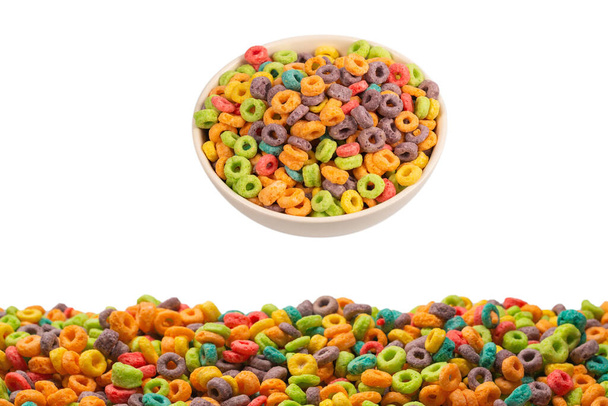 Sweet multicolored flakes, cereal loops. Isolated on a white background.  - Zdjęcie, obraz