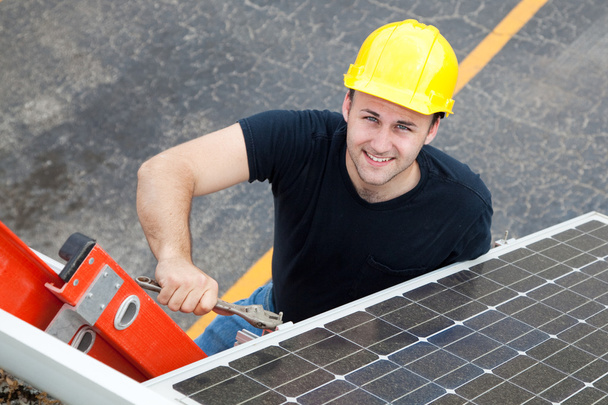 Electrician Installs Solar Panel - Foto, Imagem