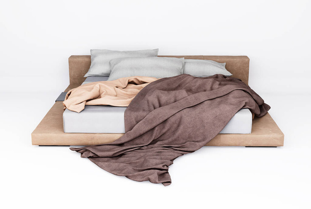 3D nábytek Moderní kožená hnědá king-size postel je populární volbou pro ty, kteří chtějí stylový a sofistikovaný vzhled ve své ložnici. Tento typ rámu postele může být vyroben z různých materiálů, včetně kůže, dřeva nebo kovu, a často f - Fotografie, Obrázek