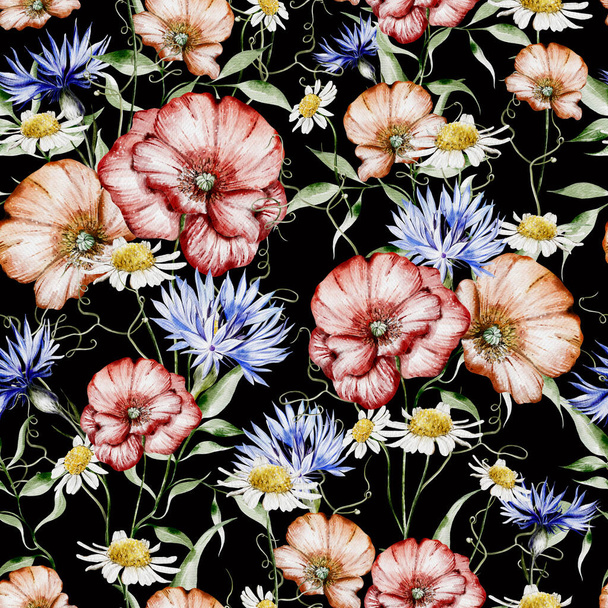 Patrón sin costura de acuarela con flores de amapola y aciano, hojas. Ilustración - Foto, Imagen