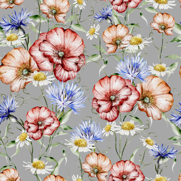 Watercolor seamless pattern with flowers of  poppy and  cornflower, leaves. Illustration - 写真・画像