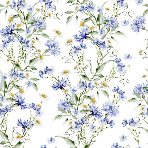 Watercolor seamless pattern with flowers of  cornflowers and  chamomile, leaves.  - 写真・画像