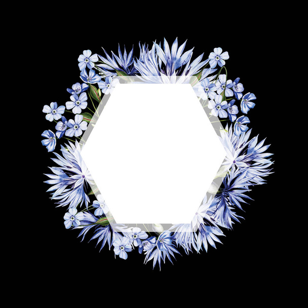 Watercolor wreath with flowers of  cornflowers and forget-me-not, leaves. Illustration - Photo, Image
