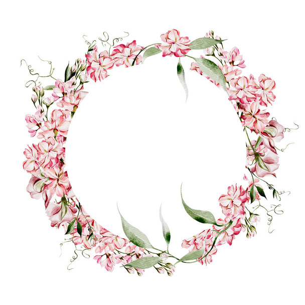 Watercolor wreath with wild flowers of pea and  leaves.  Illustration - Photo, Image