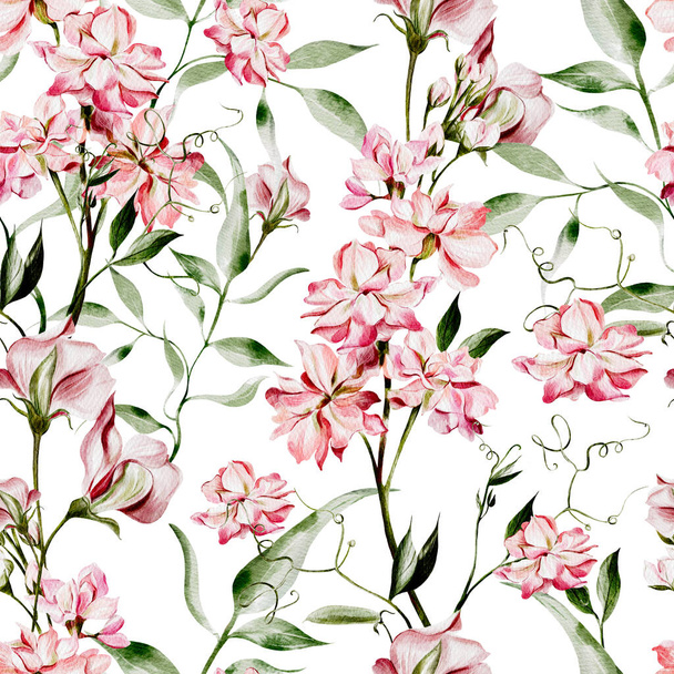 Watercolor seamless pattern with pea flowers and leaves. Illustration - Fotó, kép