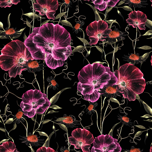 Aquarel naadloos patroon met bloemen van papaver en korenbloem, bladeren. Illustratie - Foto, afbeelding