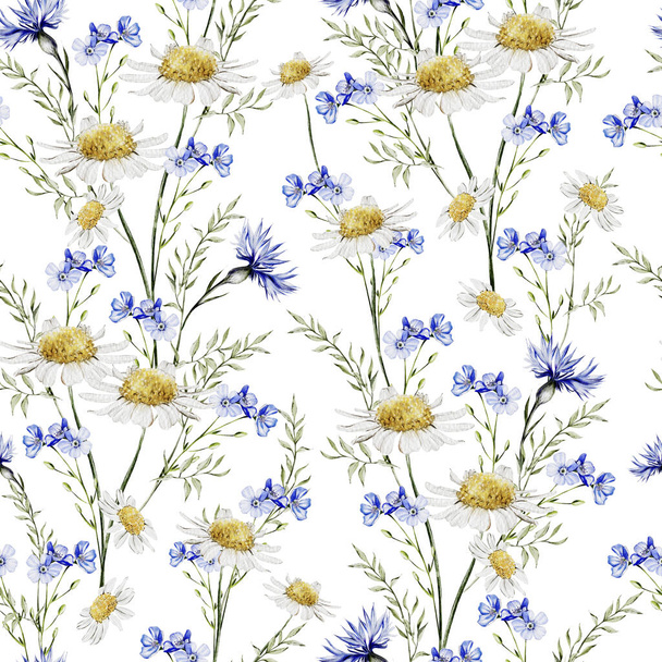 Watercolor seamless pattern with flowers of  cornflowers and  chamomile, leaves. Illustration - Fotografie, Obrázek