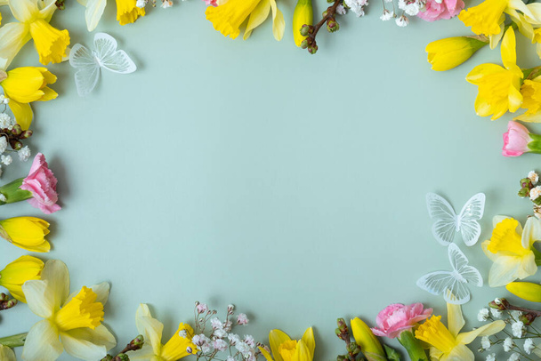 Frühlingsblumen flach legen Rahmenkomposition auf farbigem Hintergrund mit Kopierraum. Narzissen mit Nelken von oben. - Foto, Bild