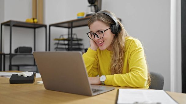 Young blonde woman business worker having video call at office - Zdjęcie, obraz