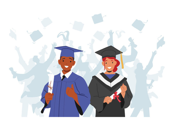Šťastná dívka a chlapec absolvent v jejich maturitní šaty a čepice, drží své diplomy a slaví své akademické úspěchy s velkými úsměvy. Vektorová ilustrace kreslených osob - Vektor, obrázek