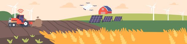 Smart Technological Farm Is At The Forefront Of Agriculture Industry, Using Driverless Machinery, Drones, Solar Energy Technology To Overcome Challenges Of Modern Farming. Cartoon Vector Illustration - Vector, Image