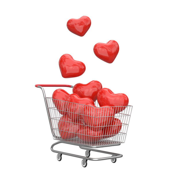Hearts in the shopping cart. 3D element. 3D illustration. - Photo, Image