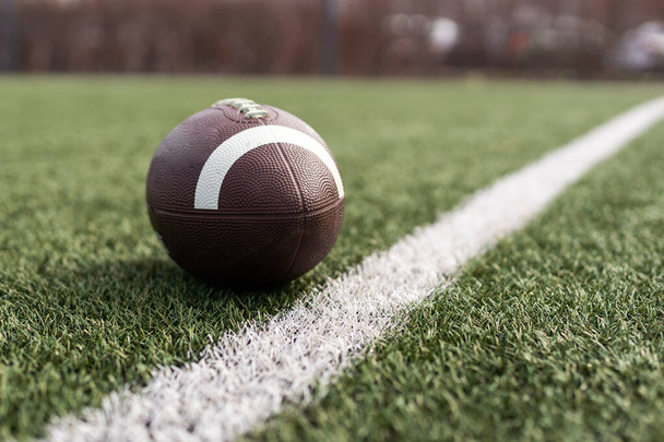 American football ball on green grass field background - Zdjęcie, obraz