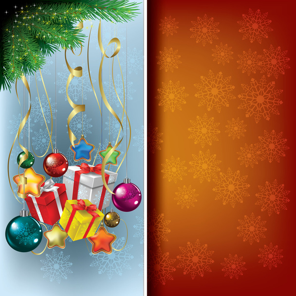 Χριστούγεννα μπλε κόκκινο χαιρετισμό με διακοσμήσεις και δώρα - Διάνυσμα, εικόνα
