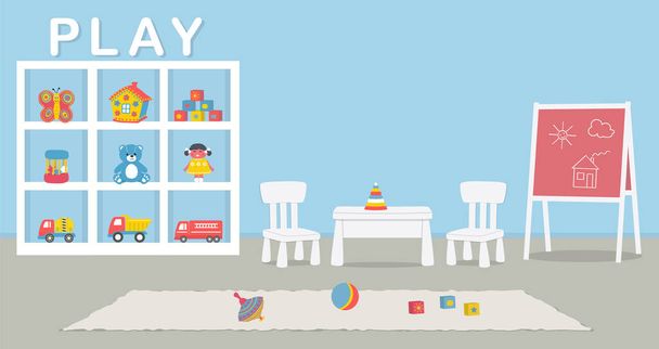 Intérieur de la salle de jeux. Chambre d'enfant de couleur bleue. Cabinet avec jouets, tableau noir, table, deux chaises dans l'image. Illustration vectorielle - Vecteur, image