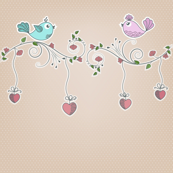 Two birds on a branch with flowers - Vector, imagen
