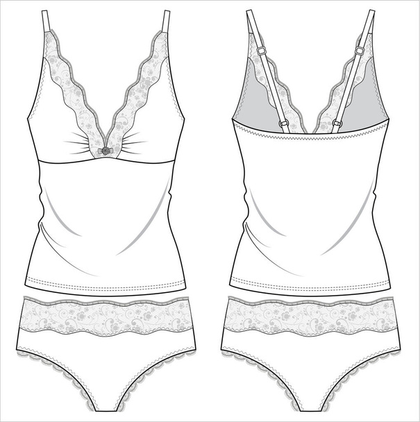 LACE CAMI AND SHORTS FLAT SKETCH OF NIGHTWEAR SET FOR WOMEN AND TEEN GIRLS IN EDITABLE VECTOR FILE - Vector, afbeelding
