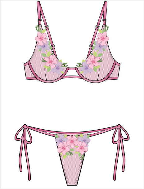 3D Embroidered Lace Mesh Bra And Panty Set FOR WOMEN IN EDITABLE VECTOR FILE - Vektör, Görsel