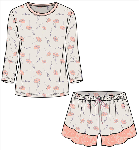 WOMEN TEE AND SHORTS IN FLORAL PRINT WITH LACE DETAIL NIGHTWEAR SET IN EDITABLE VECTOR FILE - Vector, Image