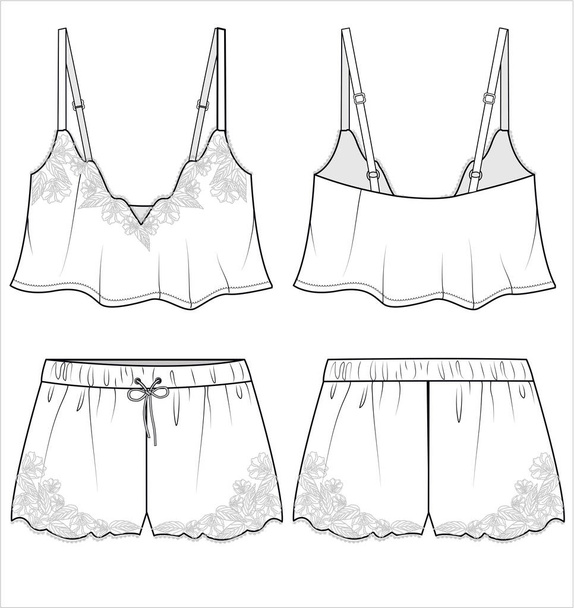 EMBROIDERED CAMI AND BOYSHORTS FOR WOVEN BRIDAL NIGHTWEAR SET IN EDITABLE VECTOR FILE - Vecteur, image