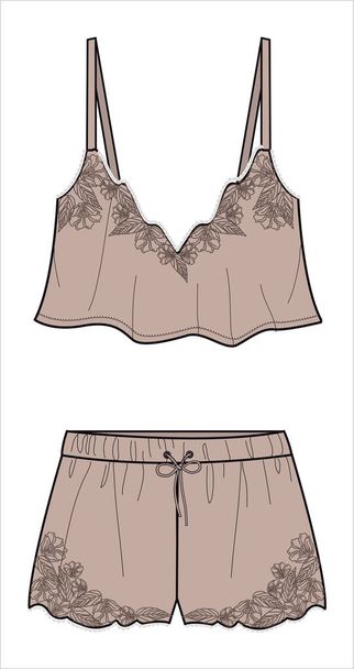 EMBROIDERED CAMI AND BOYSHORTS FOR WOVEN BRIDAL NIGHTWEAR SET IN EDITABLE VECTOR FILE - ベクター画像