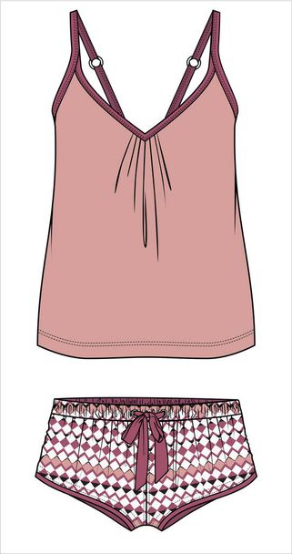 CAMI AND GEO PRINT BOY SHORTS NIGHTWEAR SET FOR WOMEN AND TEEN GIRLS IN EDITABLE VECTOR FILE - Vector, Image