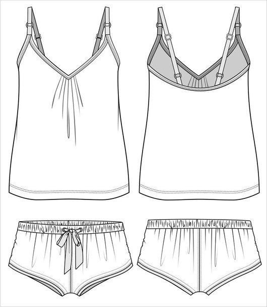 CAMI WITH GATHERS AND KNIT BOY SHORTS NIGHTWEAR SET FOR WOMEN AND TEEN GIRLS IN EDITABLE VECTOR FILE  - Vektori, kuva