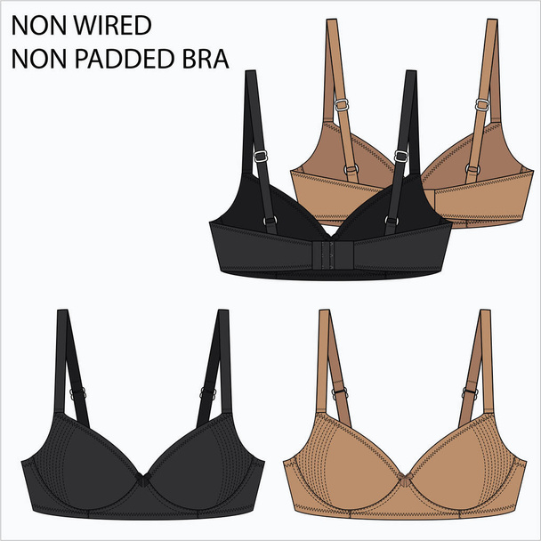 Technical Sketch of NON WOIRED NON PADDED FULL SUPPORT BRA in beige and black color fashion flat editable vector sketch - Vetor, Imagem