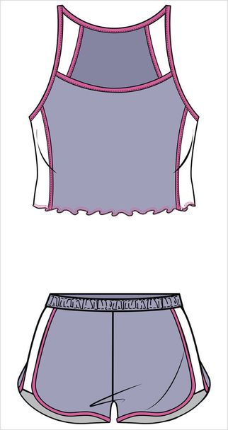 RIBBED SPORTY CAMI AND SPORTY SHORTS NIGHTWEAR SET FOR WOMEN AND TEEN GIRLS IN EDITABLE VECTOR FILE - Vecteur, image