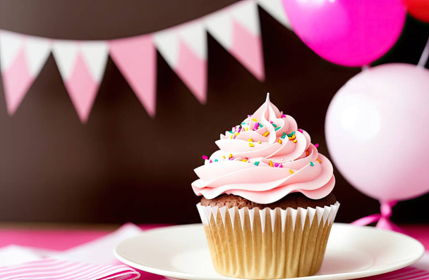 Cupcake με ροζ βουτυρόκρεμα και πολύχρωμα μπαλόνια στο φόντο.  - Φωτογραφία, εικόνα