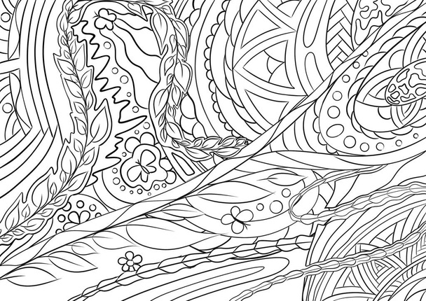 Abstract anti stress colouring page. Plants, branches, leaves and trees, butterflies, flowers and waves - Foto, imagen
