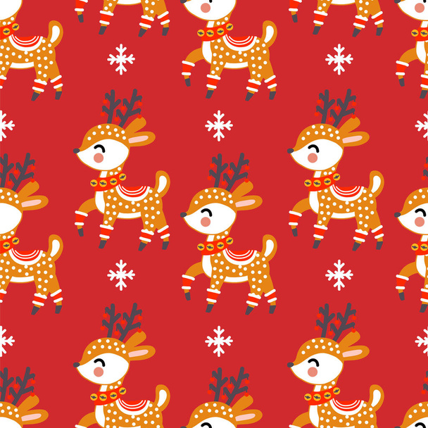 Бесшовный узор рождественских оленей и снежинки на красном фоне векторной иллюстрации. Для печати и дизайна рождественских товаров, поздравительных открыток, оберточной бумаги, ткани, фарфора, постельного белья, декора - Вектор,изображение