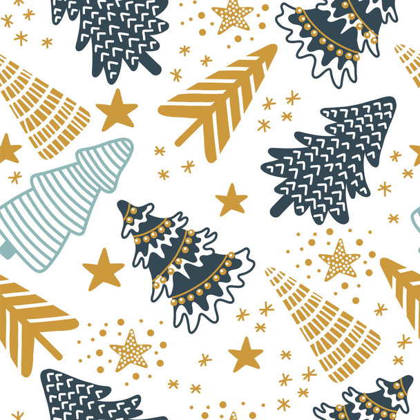 Árvore de Natal e estrelas em ouro, marinha e azul sobre fundo branco, ilustração vetorial. Para impressão e design, cartões de felicitações, papel de embrulho, tecido, porcelana, roupa de cama, decoração - Vetor, Imagem