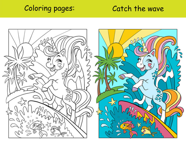 Leuke eenhoorn op een surfplank. Kinderen kleurboek pagina met kleurrijke template. Vector cartoon illustratie geïsoleerd op witte achtergrond. Voor kleuren, onderwijs, print, spel, decor, puzzel, design - Vector, afbeelding