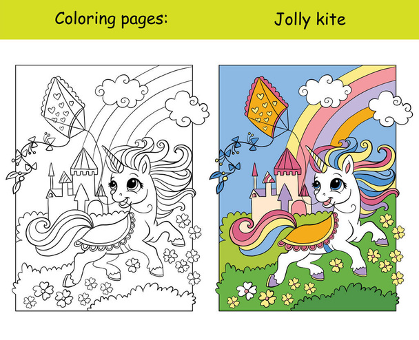 Lindo unicornio de verano con cometa. Niños colorear con plantilla de color. Ilustración vectorial de dibujos animados aislada sobre fondo blanco. Para la educación, imprimir, juego, decoración, rompecabezas, diseño - Vector, imagen