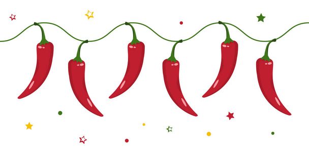 Chili pepper border. Mexican frame, fiesta Cinco de Mayo, hot red chilli peppers, spicy food background. Holiday vegetable illustration - Διάνυσμα, εικόνα