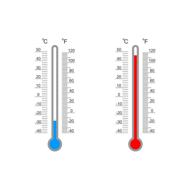 Celsius and Fahrenheit meteorological thermometer degree scales with cold and heat temperature index. Outdoor temperature measuring tools isolated on white background. Vector flat illustration - Vector, imagen