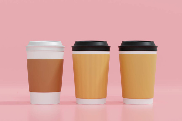 Paper coffee cup with blank labels on sweet pink background, mock up for add logo, 3D rendering. - 写真・画像
