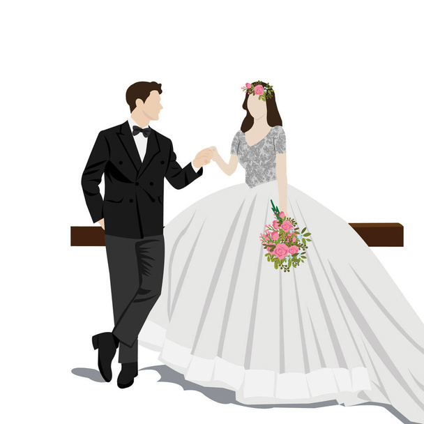 красивая молодая пара жениха и невесты держатся за руки на векторной иллюстрации в день свадьбы
 - Вектор,изображение