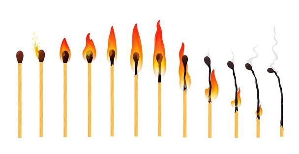 Burning match animación con fuego llama quemar secuencia, vector de dibujos animados de madera fósforo. La madera coincide con el conjunto animado ardiente de encender palo partido, quemar y quemar humo en la animación de la hoja de sprite - Vector, imagen